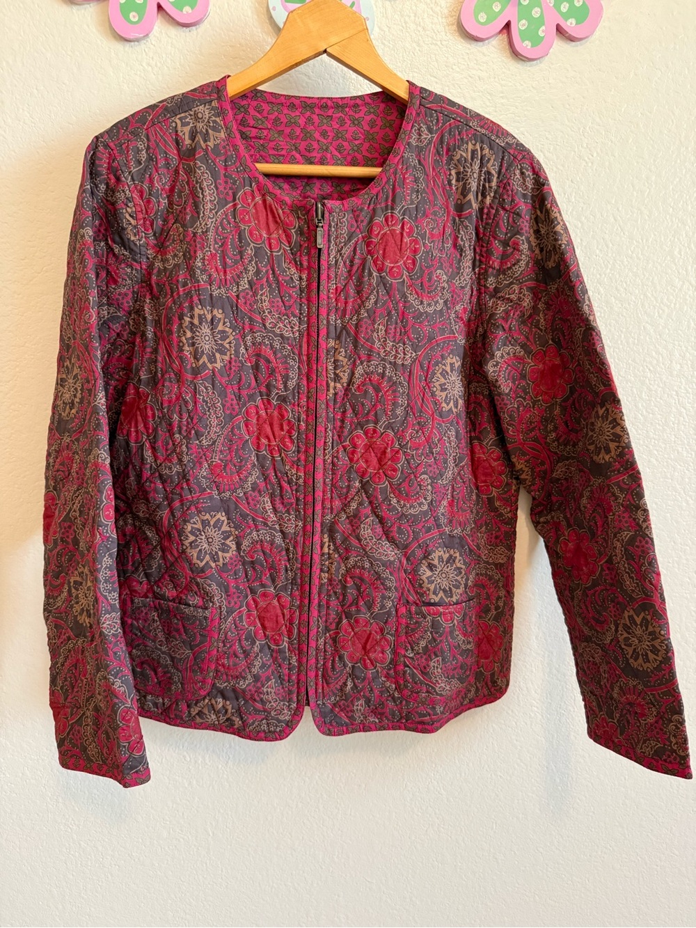 Quilted Paisley Bomber Jacket in Magenta Size L